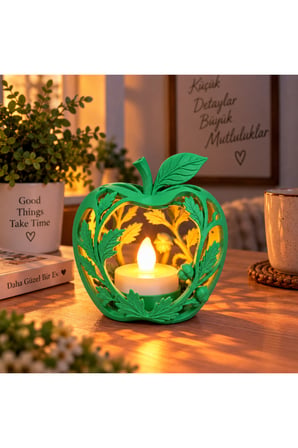 Elma Figürlü Dekoratif Mumluk – Yaprak Desenli Tealight Mumluk, Dekoratif LED Mum Hediyeli - Yeşil