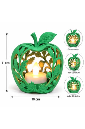 Elma Figürlü Dekoratif Mumluk – Yaprak Desenli Tealight Mumluk, Dekoratif LED Mum Hediyeli - Yeşil