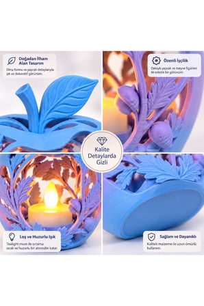 Elma Figürlü Dekoratif Mumluk – Yaprak Desenli Tealight Mumluk, Dekoratif LED Mum Hediyeli - Yeşil