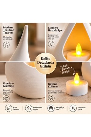2’li Dekoratif Mumluk Seti – Modern Teardrop Tasarım, 2 Adet LED Mum Hediyeli, Şık Ev Dekorasyonu - Beyaz