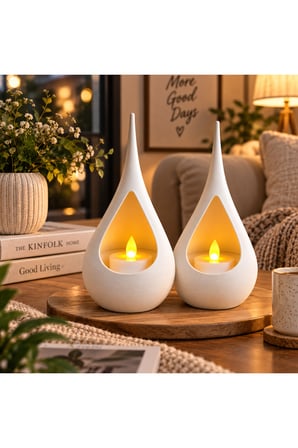 2’li Dekoratif Mumluk Seti – Modern Teardrop Tasarım, 2 Adet LED Mum Hediyeli, Şık Ev Dekorasyonu - Beyaz