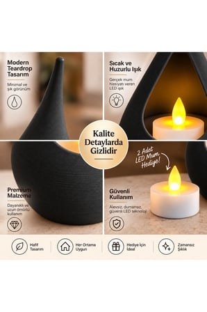 2’li Dekoratif Mumluk Seti – Modern Teardrop Tasarım, 2 Adet LED Mum Hediyeli, Şık Ev Dekorasyonu - Siyah