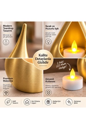 2’li Dekoratif Mumluk Seti – Modern Teardrop Tasarım, 2 Adet LED Mum Hediyeli, Şık Ev Dekorasyonu - Pembe