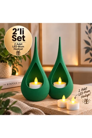 2’li Dekoratif Mumluk Seti – Modern Teardrop Tasarım, 2 Adet LED Mum Hediyeli, Şık Ev Dekorasyonu - Yeşil