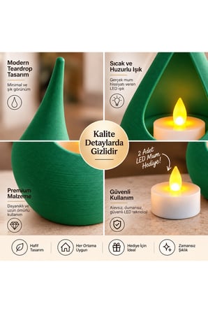 2’li Dekoratif Mumluk Seti – Modern Teardrop Tasarım, 2 Adet LED Mum Hediyeli, Şık Ev Dekorasyonu - Yeşil