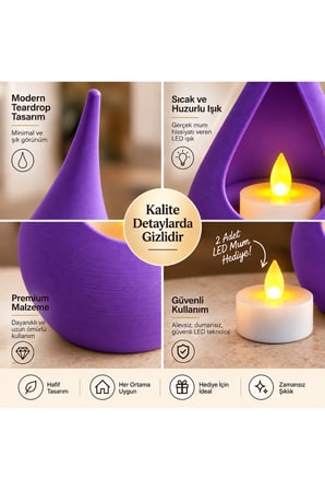 2’li Dekoratif Mumluk Seti – Modern Teardrop Tasarım, 2 Adet LED Mum Hediyeli, Şık Ev Dekorasyonu - Mor