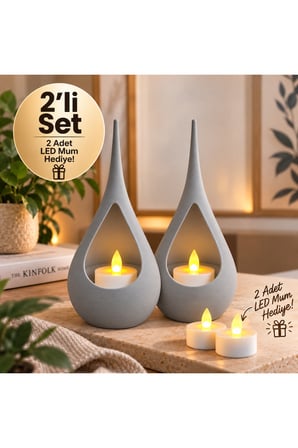2’li Dekoratif Mumluk Seti – Modern Teardrop Tasarım, 2 Adet LED Mum Hediyeli, Şık Ev Dekorasyonu - Gri