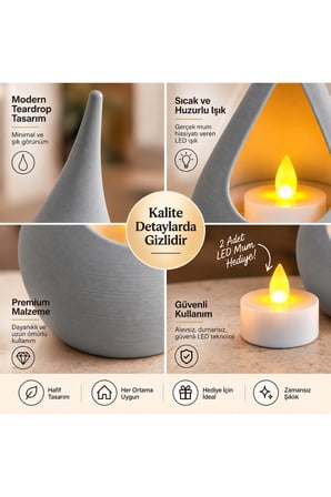 2’li Dekoratif Mumluk Seti – Modern Teardrop Tasarım, 2 Adet LED Mum Hediyeli, Şık Ev Dekorasyonu - Gri