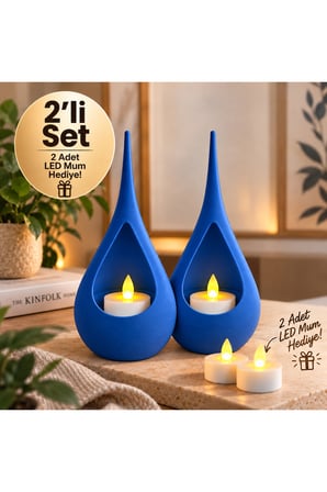 2’li Dekoratif Mumluk Seti – Modern Teardrop Tasarım, 2 Adet LED Mum Hediyeli, Şık Ev Dekorasyonu - Mavi