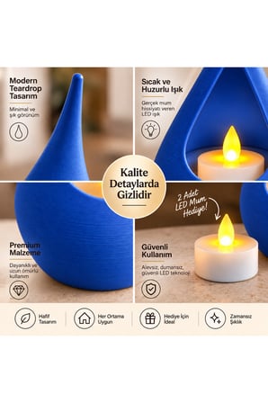 2’li Dekoratif Mumluk Seti – Modern Teardrop Tasarım, 2 Adet LED Mum Hediyeli, Şık Ev Dekorasyonu - Mavi