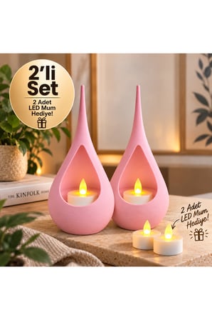 2’li Dekoratif Mumluk Seti – Modern Teardrop Tasarım, 2 Adet LED Mum Hediyeli, Şık Ev Dekorasyonu - Pembe