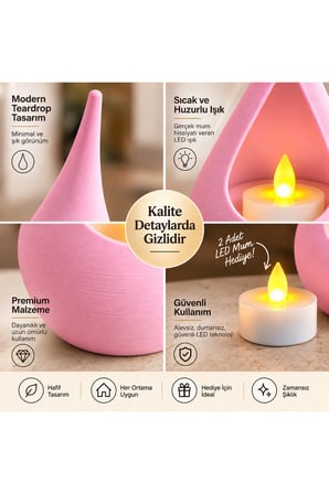 2’li Dekoratif Mumluk Seti – Modern Teardrop Tasarım, 2 Adet LED Mum Hediyeli, Şık Ev Dekorasyonu - Pembe