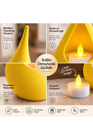 2’li Dekoratif Mumluk Seti – Modern Teardrop Tasarım, 2 Adet LED Mum Hediyeli, Şık Ev Dekorasyonu - Sarı