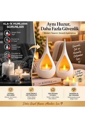 2’li Dekoratif Mumluk Seti – Modern Teardrop Tasarım, 2 Adet LED Mum Hediyeli, Şık Ev Dekorasyonu - Sarı