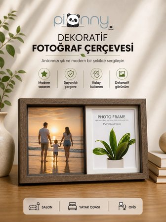 Pionny 2 Fotoğraflı Büyük Boy Sürgülü Dekoratif Ahşap Çerçeve 13x18 cm – Koyu Kahve