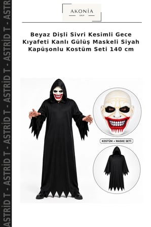 Beyaz Dişli Sivri Kesimli Gece Kıyafeti Kanlı Gülüş Maskeli Siyah Kapüşonlu Kostüm Seti 140 cm
