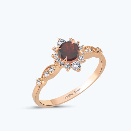 Pırlanta Garnet Taşlı Vintage Yüzük