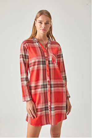 PAMUK&PAMUK KIRMIZI EKOSE YAKALI ÖNDEN DÜĞMELİ GECELİK