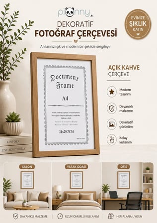 Pionny A4 Ahşap Çerçeve 21x29,7 cm (Açık Kahverengi)