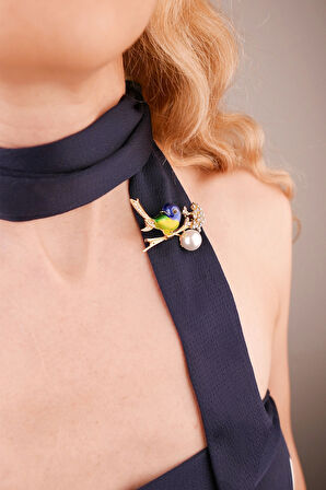 Kuş Broş - İncili ve Zirkon Taşlı