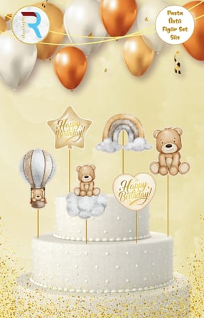 Delux Serisi Görsel Süsleme Kutlama Süsü AYICIK HAPPY BİRTHDAY FİGÜR PASTA ÜSTÜ SÜS