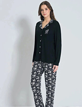 Pijadore Kadın Battal Uzun Kollu Boydan Düğmeli Pijama Takımı Siyah