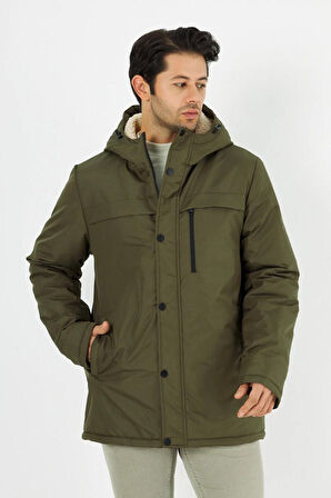 İçi Kürklü Su ve Rüzgar Geçirmez Cepli Kapüşonlu Erkek Mont