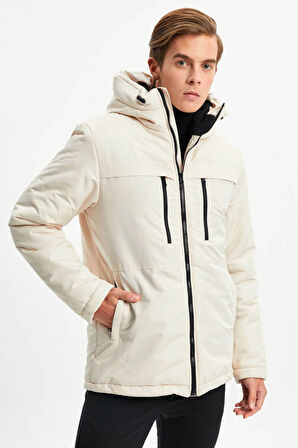 İçi Astarlı Su ve Rüzgar Geçirmez Cepli Kapüşonlu Erkek Mont