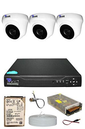 Picam Pro 3 Kameralı 3 Dome Full HD Sony Lensli Kamera Gece Görüşlü 100 GB Kamera Seti