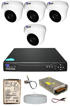 Picam Pro 4 Kameralı 4 Dome Full HD Sony Lensli Kamera Gece Görüşlü 100 GB Kamera Seti