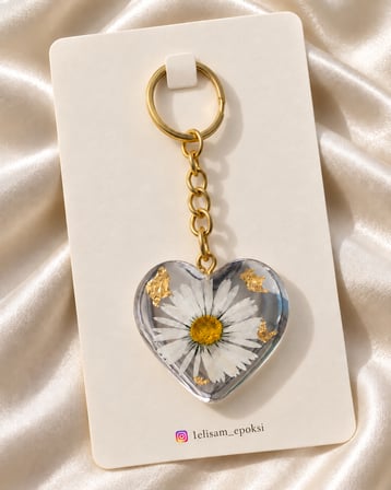 1elisam_epoksi papatyalı Gold varaklı epoksi kalp anahtarlık
