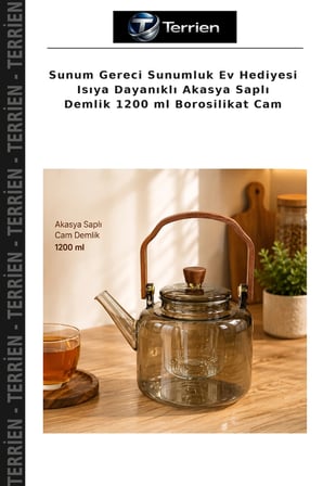 Sunum Gereci Sunumluk Ev Hediyesi Isıya Dayanıklı Akasya Saplı Demlik 1200 ml Borosilikat Cam