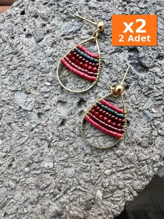 Etnik Kırmızı Siyah İpli Halka Küpe - Kupe - 2 Adet Aynı Ürün, x2 Paket