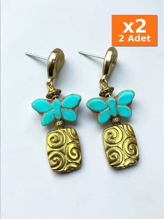 Turkuaz Çiçek Altın Renkli Sarkıt Küpe - Kupe - 2 Adet Aynı Ürün, x2 Paket