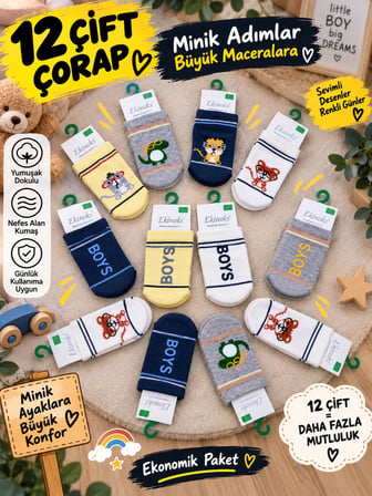 Ekinoks Cespir Asorti Dikişsiz Abs Baskılı Erkek Çocuk Patik Çorap 12li Set 2131
