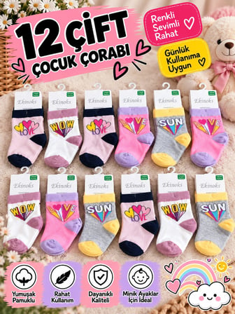 Ekinoks Gülabi Asorti Dikişsiz Kız Çocuk Soket Çorap 12li Set 3346
