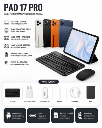 i-Tab PAD 17 Pro Max Tablet 10.1 inç FHD - 16GB RAM 512GB Hafıza, Android Tablet