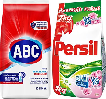 Abc Matik Toz Çamaşır Deterjanı 10KG Klasik Beyazlar & Renkliler (66 Yıkama) + 7KG Gülün Büyüsü