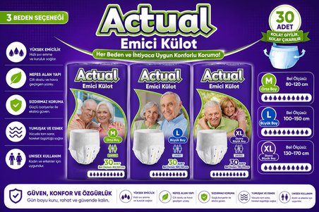 Actual Emici Külot Yetişkin Bezi XL - Extra Large - Ekstra Büyük (Islaklık Göstergeli) 150 Adet