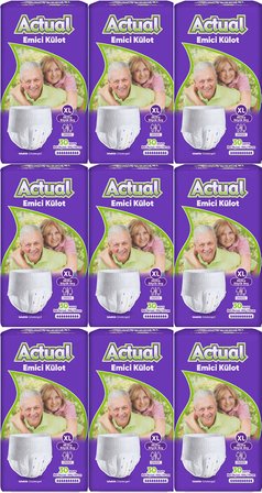 Actual Emici Külot Yetişkin Bezi XL - Extra Large - Ekstra Büyük (Islaklık Göstergeli) 270 Adet