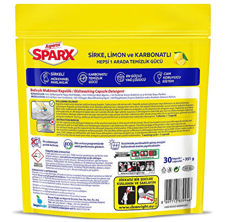 Asperox Sparx Bulaşık Makinesi Kapsülü 150 Adet Hepsi 1 Arada (Sirke-Limon-Karbonatlı) (5PK*30)