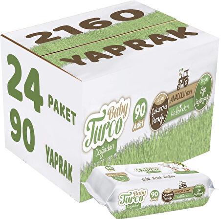 Baby Turco Islak Havlu Mendil Yenidoğan 90 Yaprak Doğadan 24 Lü Set 2160 Yaprak Plastik Kapaklı