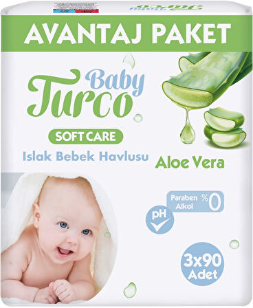Baby Turco Islak Havlu Mendil Soft Care Aloe Vera 90 Yaprak (48 Li Set) (16PK*3) 4320 Yaprak