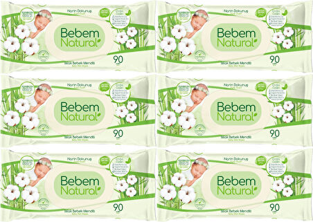 Bebem Natural Islak Bebek Mendili Narin Dokunuş / Yenidoğan 90 Yaprak Plastik Kapaklı 6 Lı Set