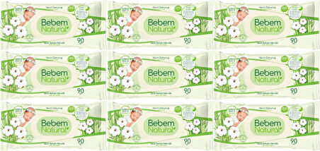 Bebem Natural Islak Bebek Mendili Narin Dokunuş / Yenidoğan 90 Yaprak Plastik Kapaklı 9 Lu Set