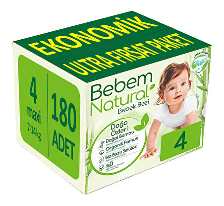 Bebem Bebek Bezi Natural Beden:4 (7-14KG) Maxi 208 Adet Ekonomik Ultra Fırsat Pk