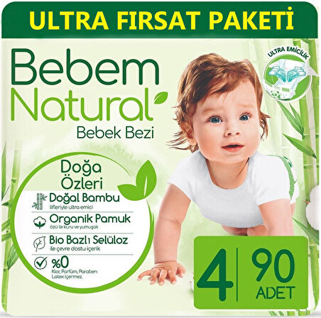 Bebem Bebek Bezi Natural Beden:4 (7-14KG) Maxi 312 Adet Aylık Ultra Fırsat Pk