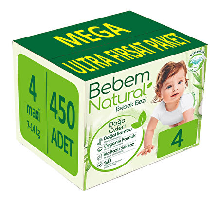 Bebem Bebek Bezi Natural Beden:4 (7-14KG) Maxi 520 Adet Mega Ultra Fırsat Pk