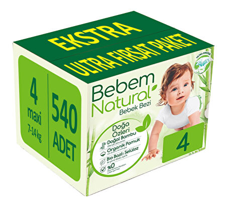 Bebem Bebek Bezi Natural Beden:4 (7-14KG) Maxi 624 Adet Ekstra Ultra Fırsat Pk