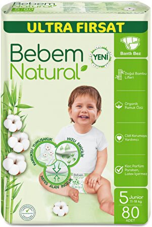 Bebem Bebek Bezi Natural Beden:5 (11-18Kg) Junior 160 Adet Ekonomik Ultra Fırsat Pk
